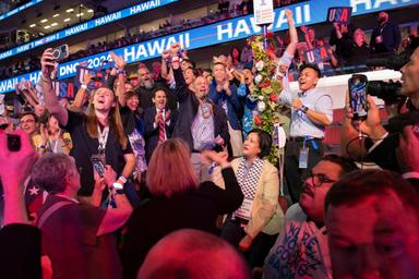 August 20, 2024 – Chicago, Illinois: The Hawaii delegation during the  “celebratory” roll call vote to nominate Vice President Kamala Harris on the second night of the Democratic National Convention in Chicago.