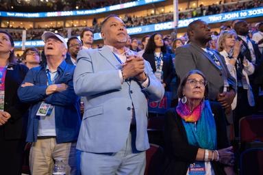 August 21, 2024 – Chicago, Illinois: Delegates get emotional during the remarks by Jon Polin and Rachel Goldberg parents of Hersh Goldberg-Polin who is currently being held hostage in the Middle East by Hamas. The parents told the story of his kidnapping and expressed their wish for peace in the Middle East.